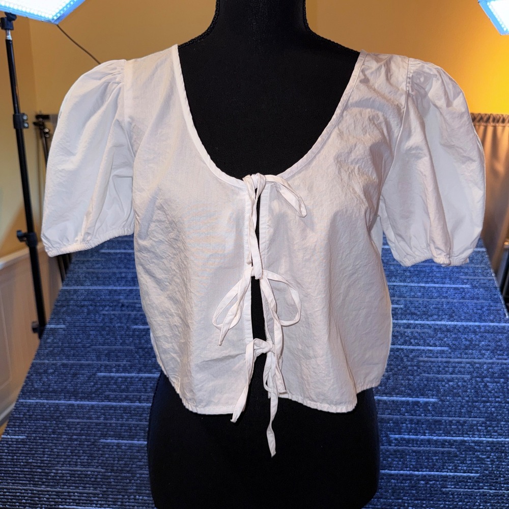 Abound Tie Front Puff Sleeve Top Women S NWOT White Poplin Crop Blouse